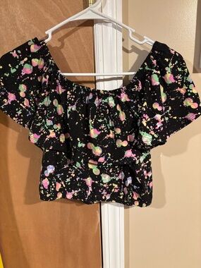 feathers Black Off-Shoulder Crop Top with Neon Pink, Green & Yellow Splatter